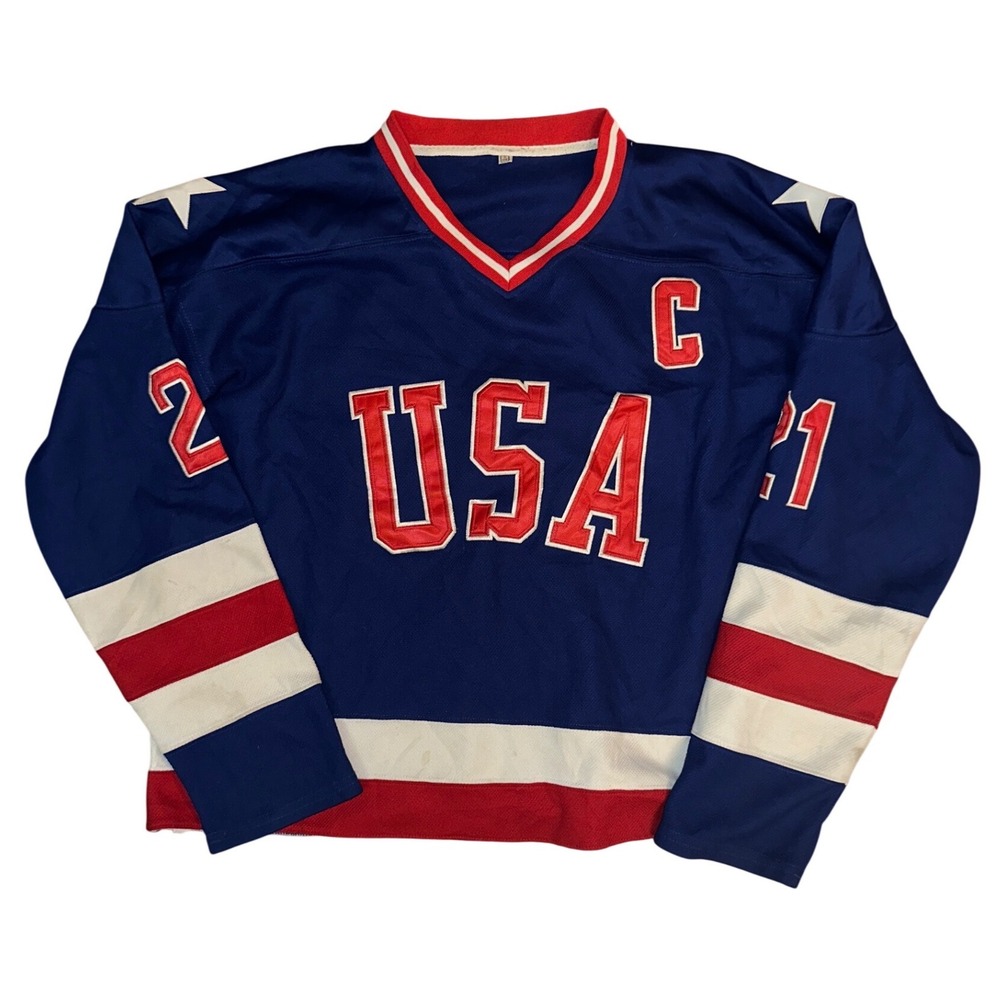 USA Hockey Jersey Mike Eruzione 21 Miracle on Ice Blue Red White Size Small